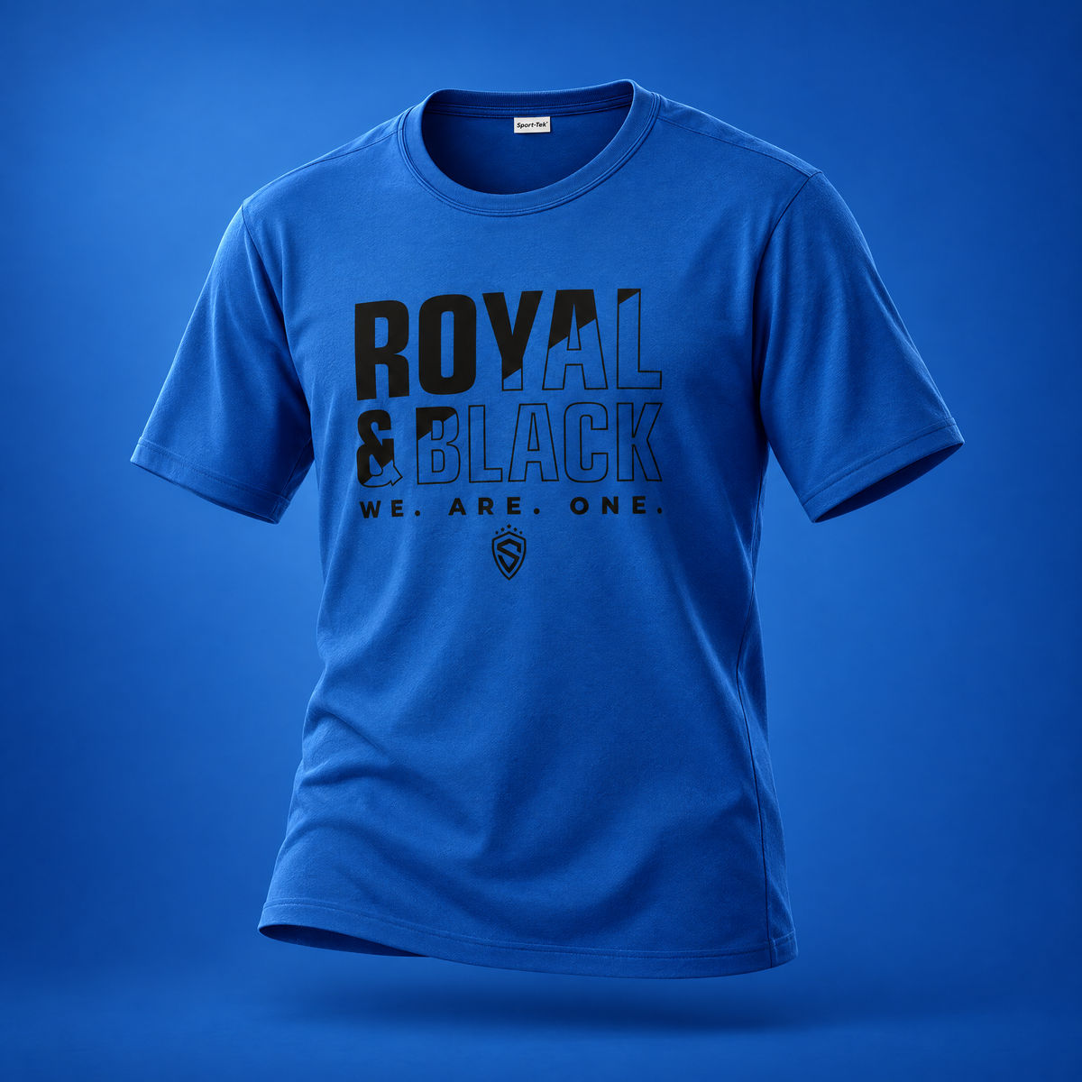 Royal blue Sting adult performance T-shirt with Royal & Black We Are One graphic, front view