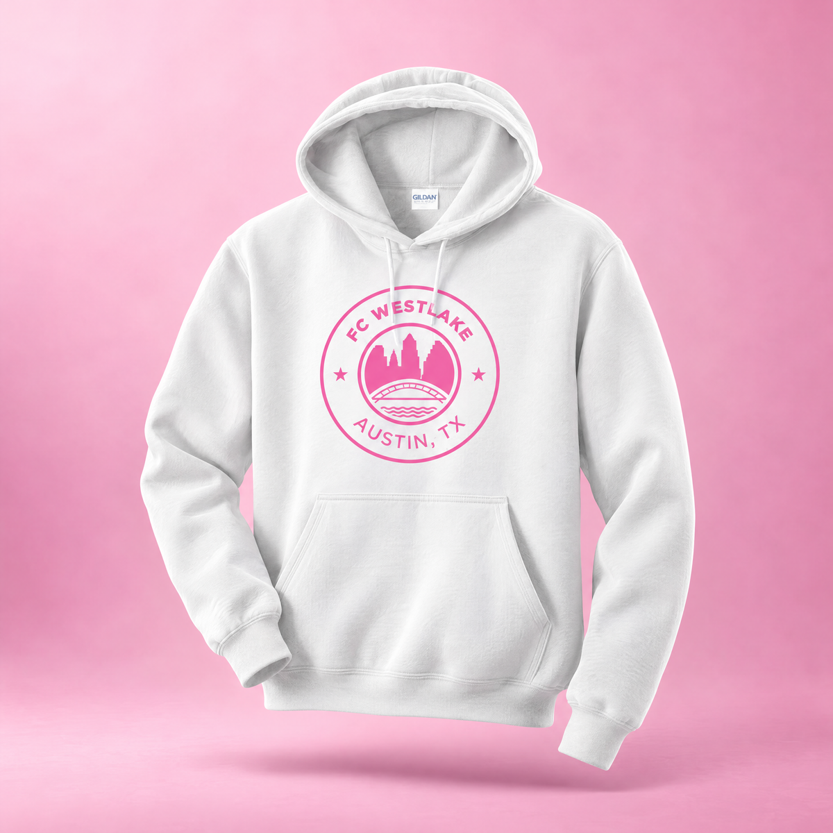 FC Westlake white hoodie with pink crest, front view