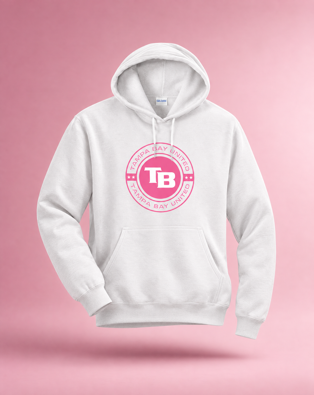 Tampa Bay United white crest hoodie with pink logo, front view