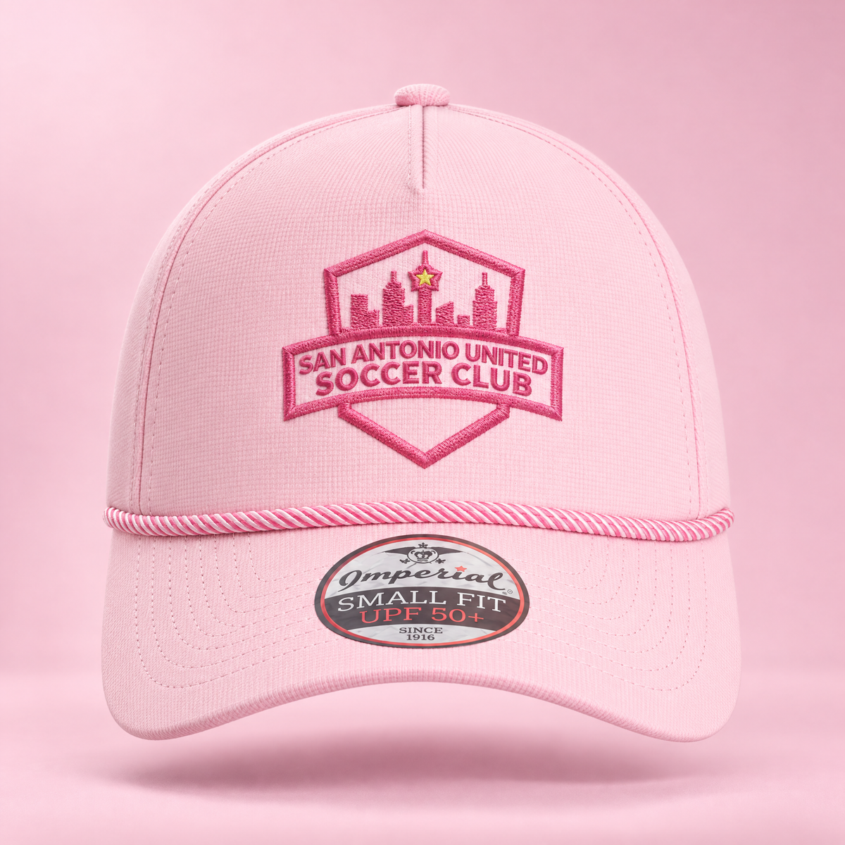 San Antonio United pink rope cap with embroidered crest, front view