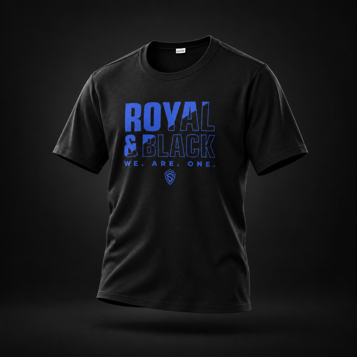 Black Sting adult performance T-shirt with Royal & Black We Are One graphic, front view