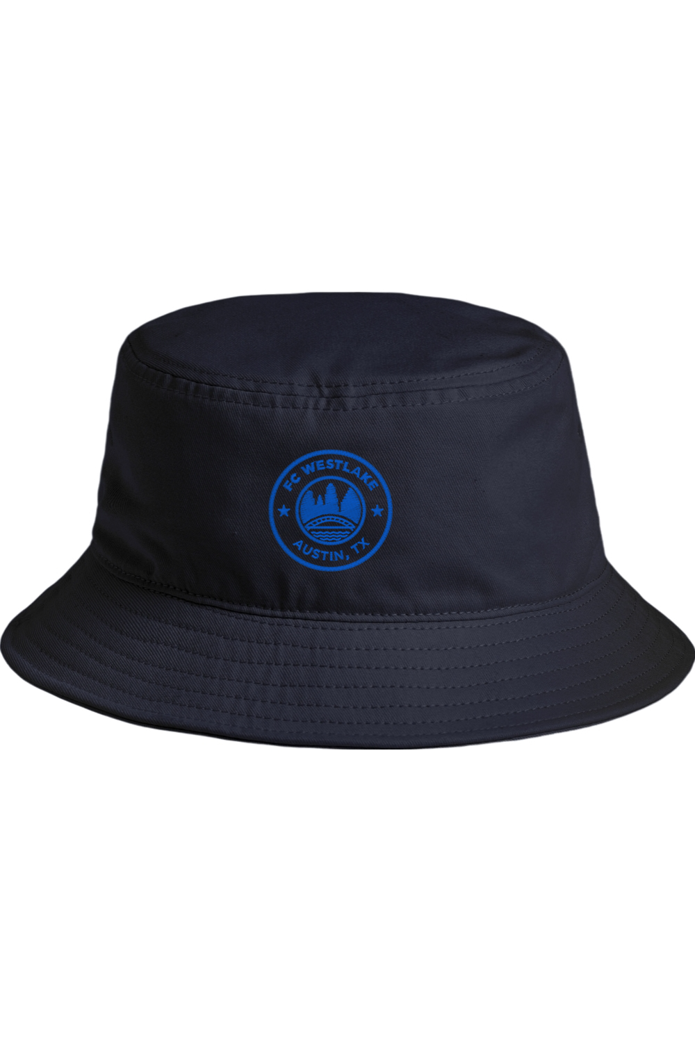 Black bucket hat with a blue logo on a white background