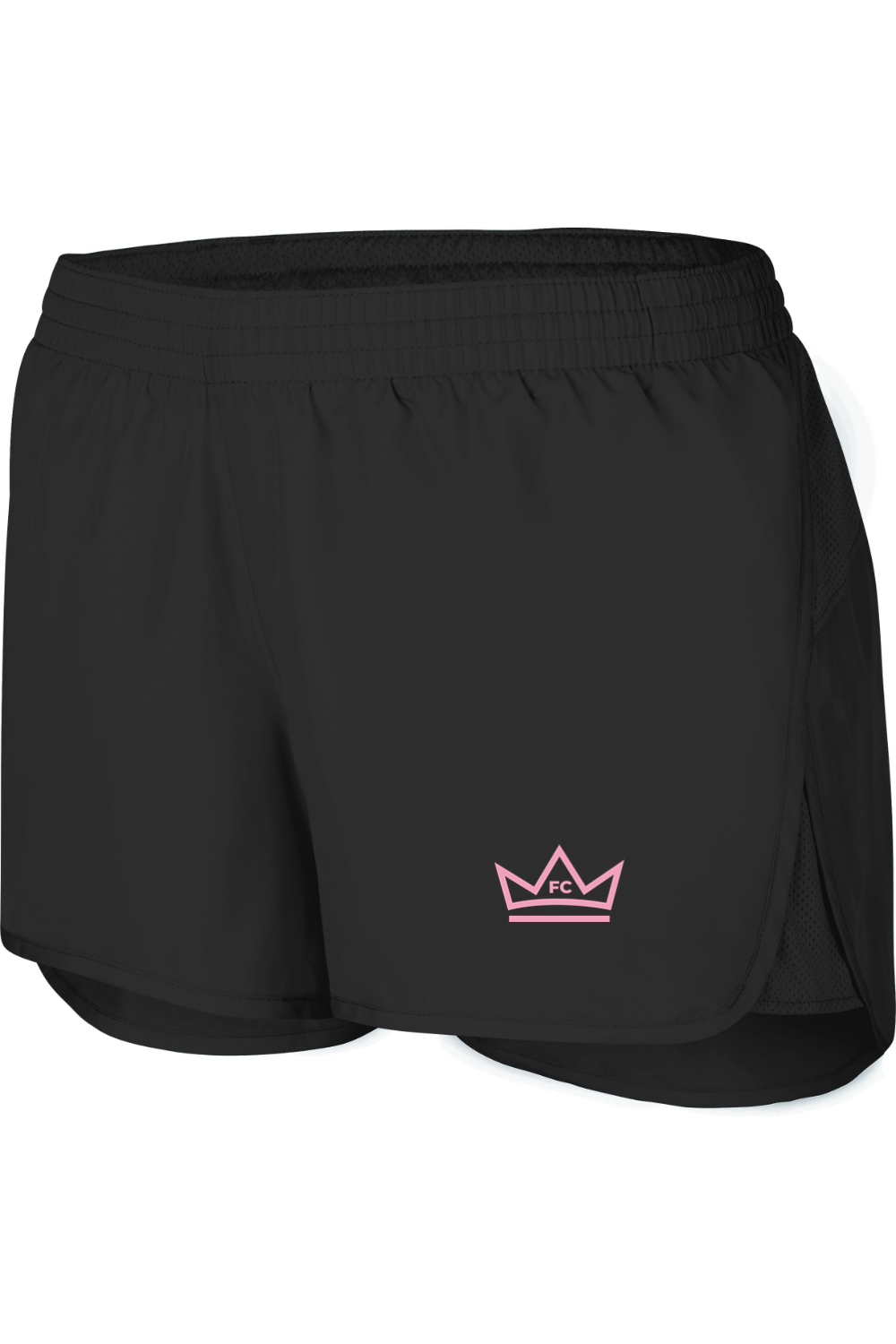 Black shorts with a pink crown logo on a white background