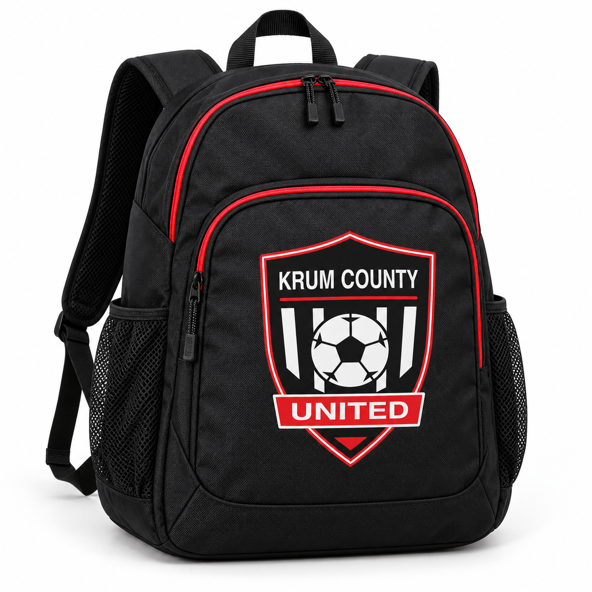 Black soccer backpack with red trim and a red, black, and white Krum County United crest on the front pocket.
