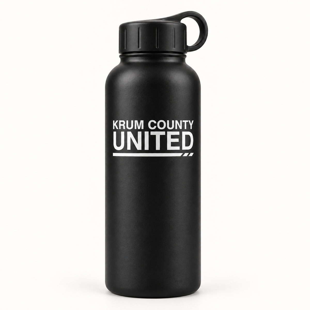 Matte-black water bottle with a carry-loop lid and white Krum County United wordmark on the front.