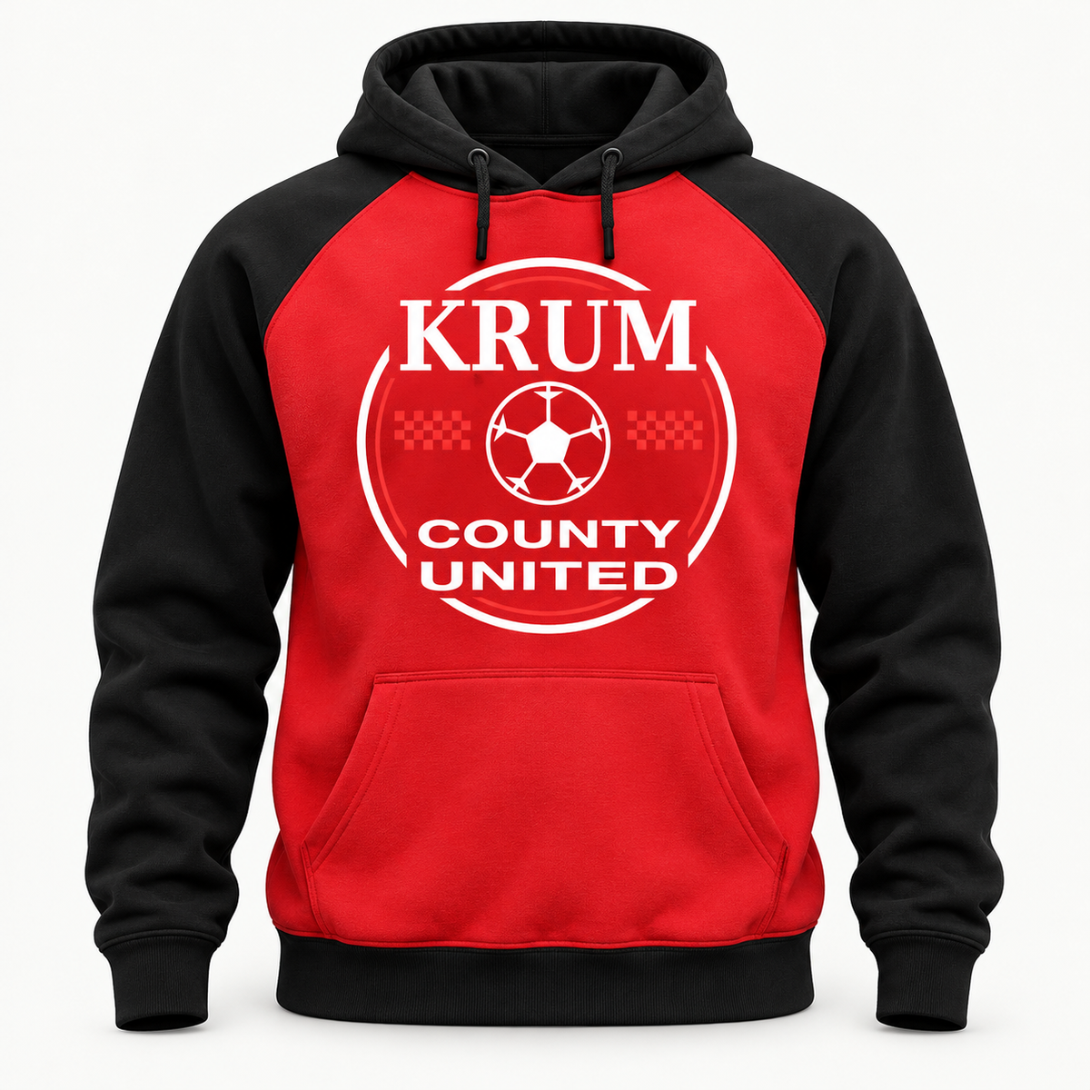 Red and black Krum County United hoodie with a large white heritage soccer roundel.