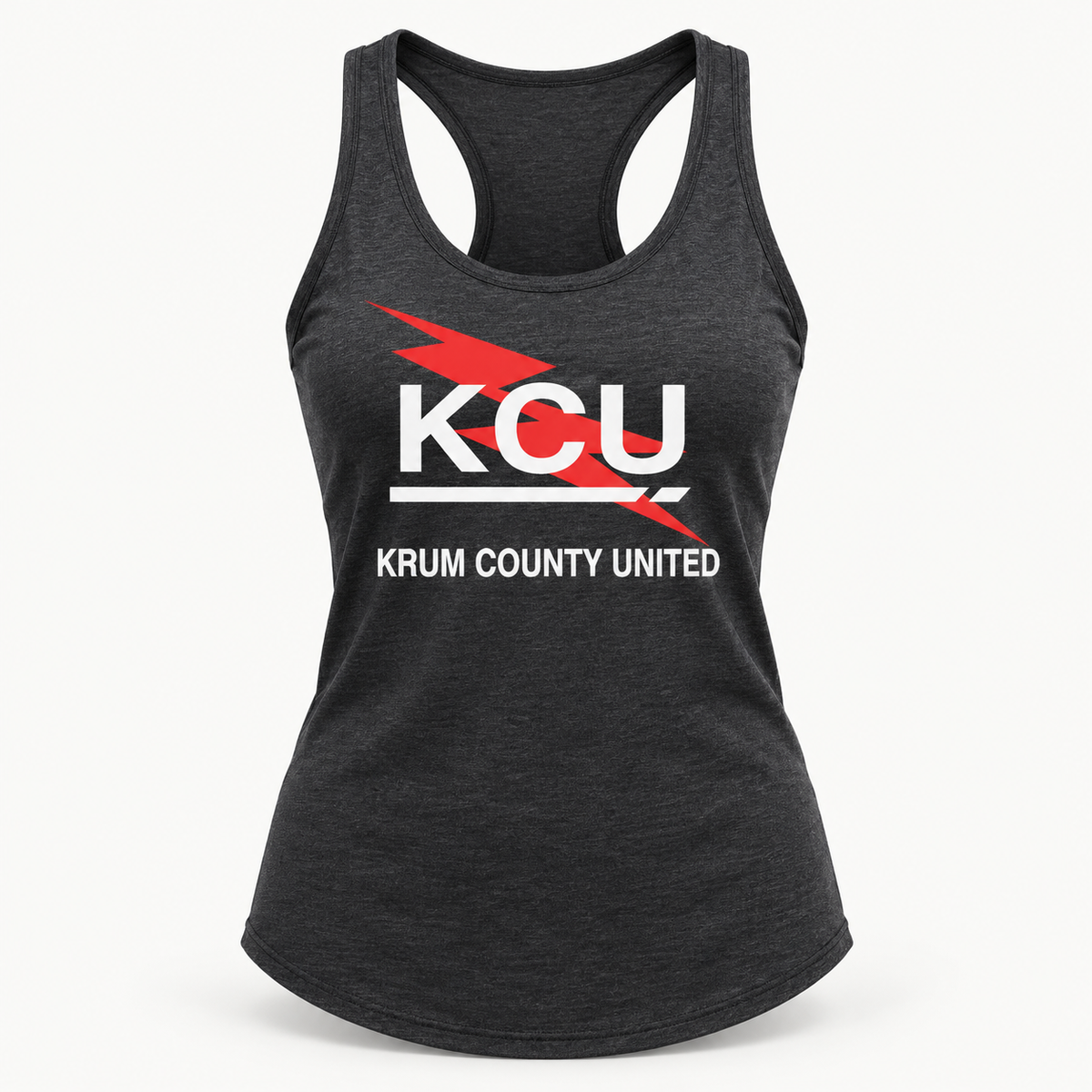 Charcoal Krum County United racerback tank with a red bolt and large white KCU graphic.