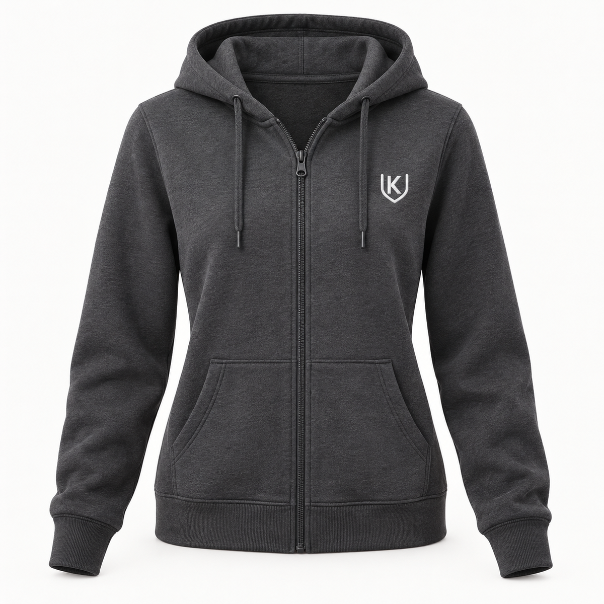 Charcoal women's full-zip hoodie with a small white embroidered K-shield on the left chest.