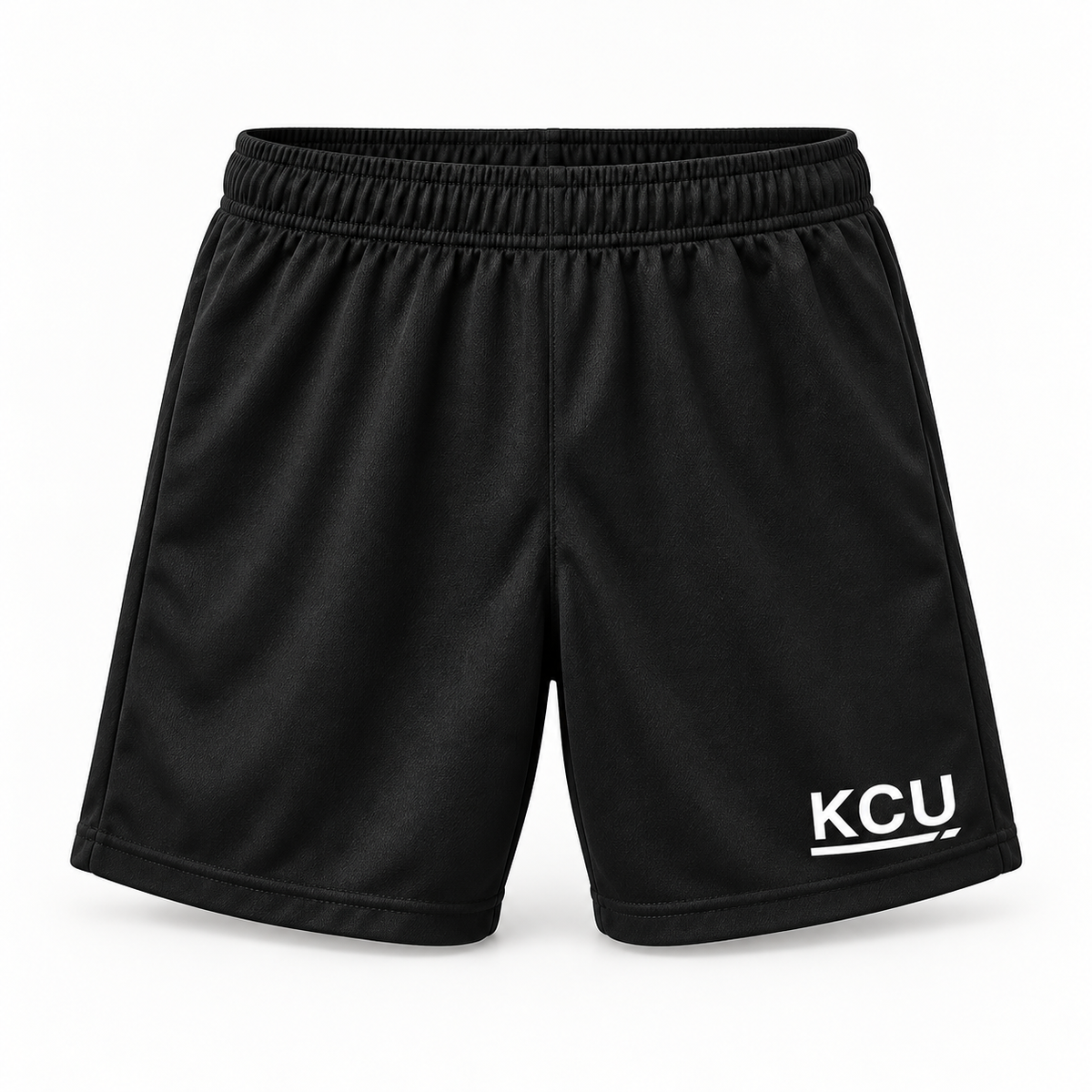 Black youth athletic shorts with a white KCU monogram near the left front hem.