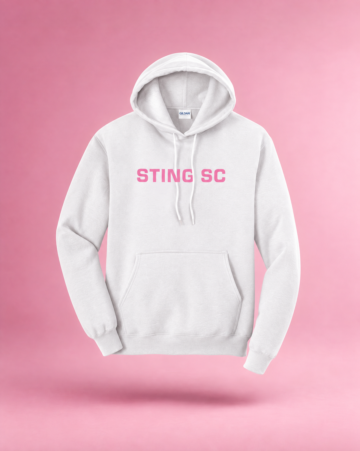 Sting Soccer Club white hoodie with pink Euro logo, front view