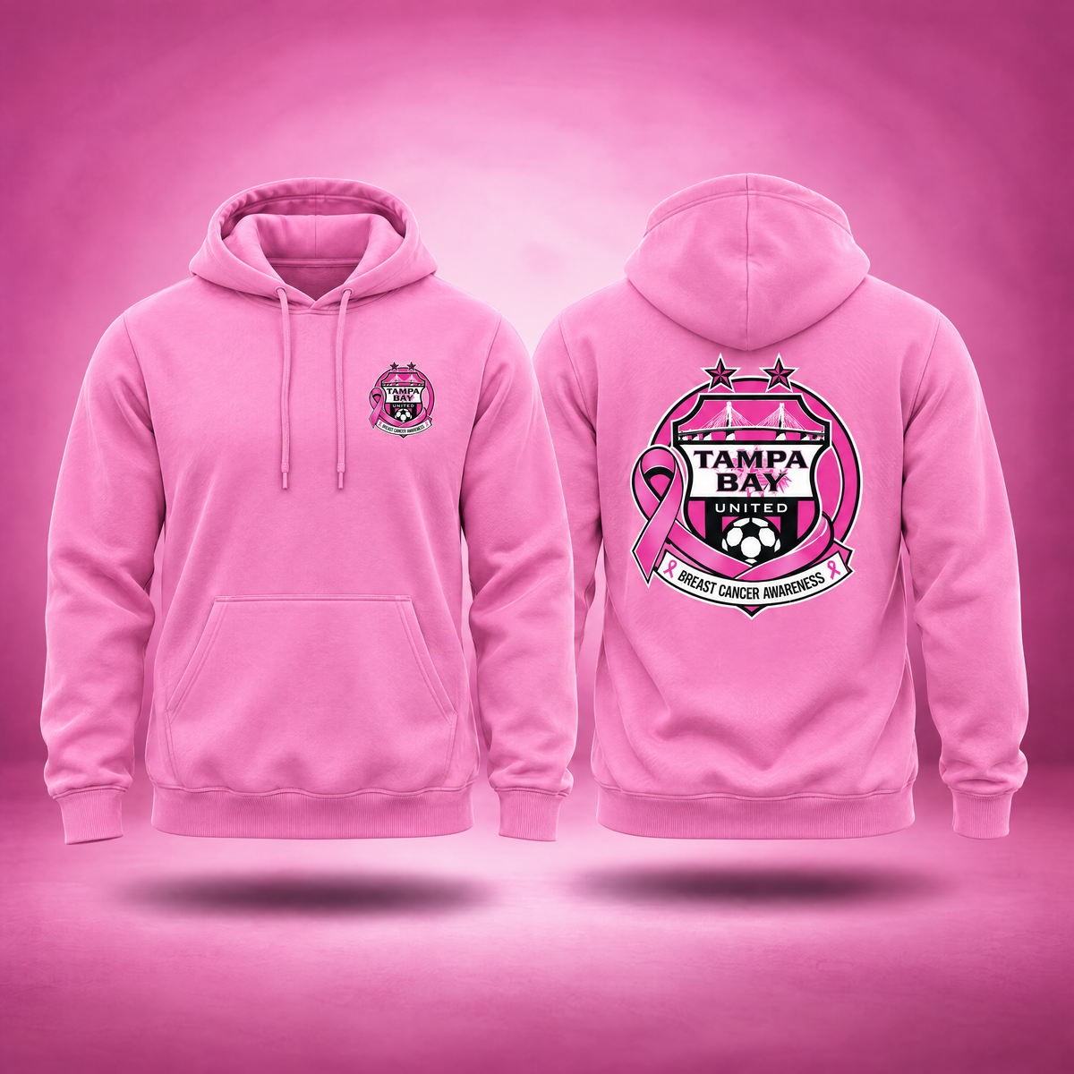 Hot pink TBU x BCA hoodie with breast cancer awareness crest, front and back views