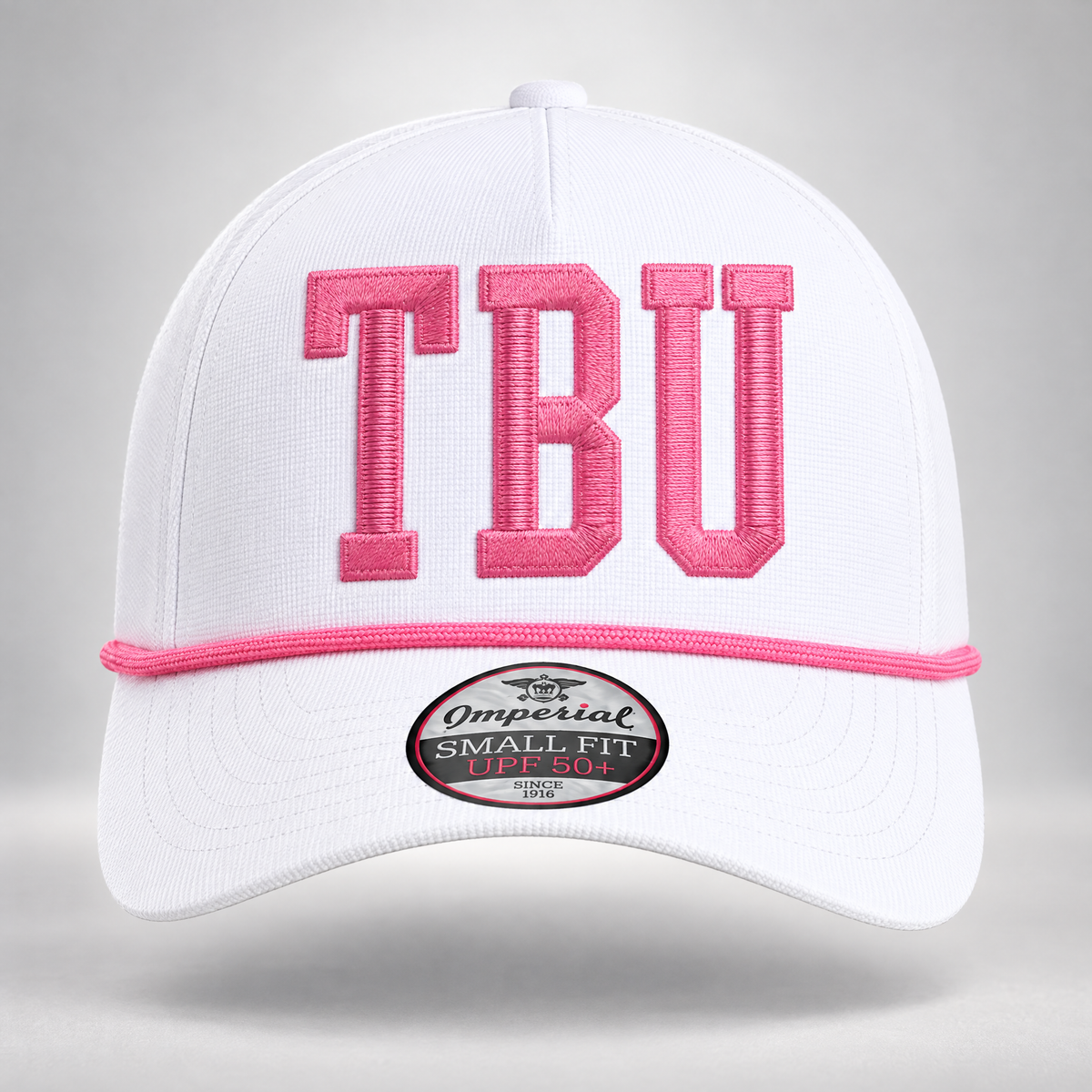 Tampa Bay United white rope cap with pink TBU logo, front view