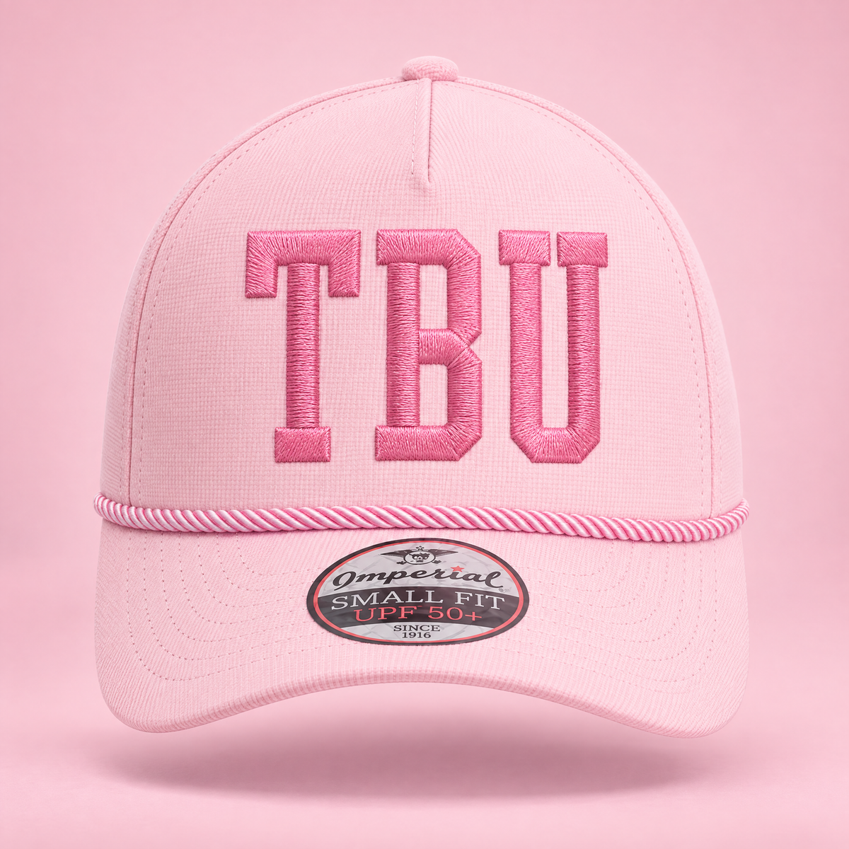 Tampa Bay United pink rope cap with embroidered TBU logo, front view
