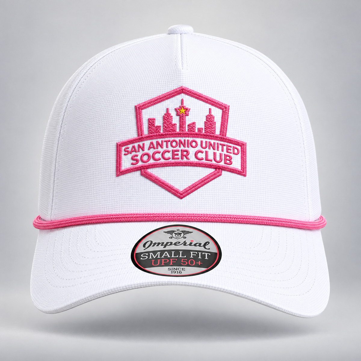 San Antonio United white rope cap with pink crest, front view