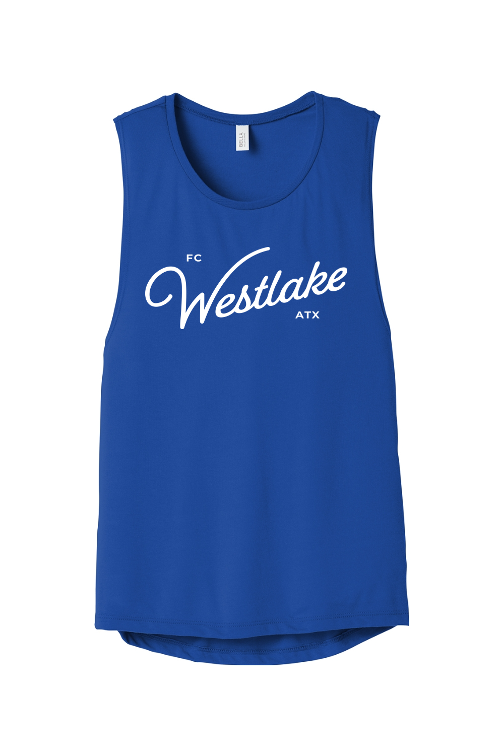 Blue tank top with 'FC Westlake ATX' text on a white background