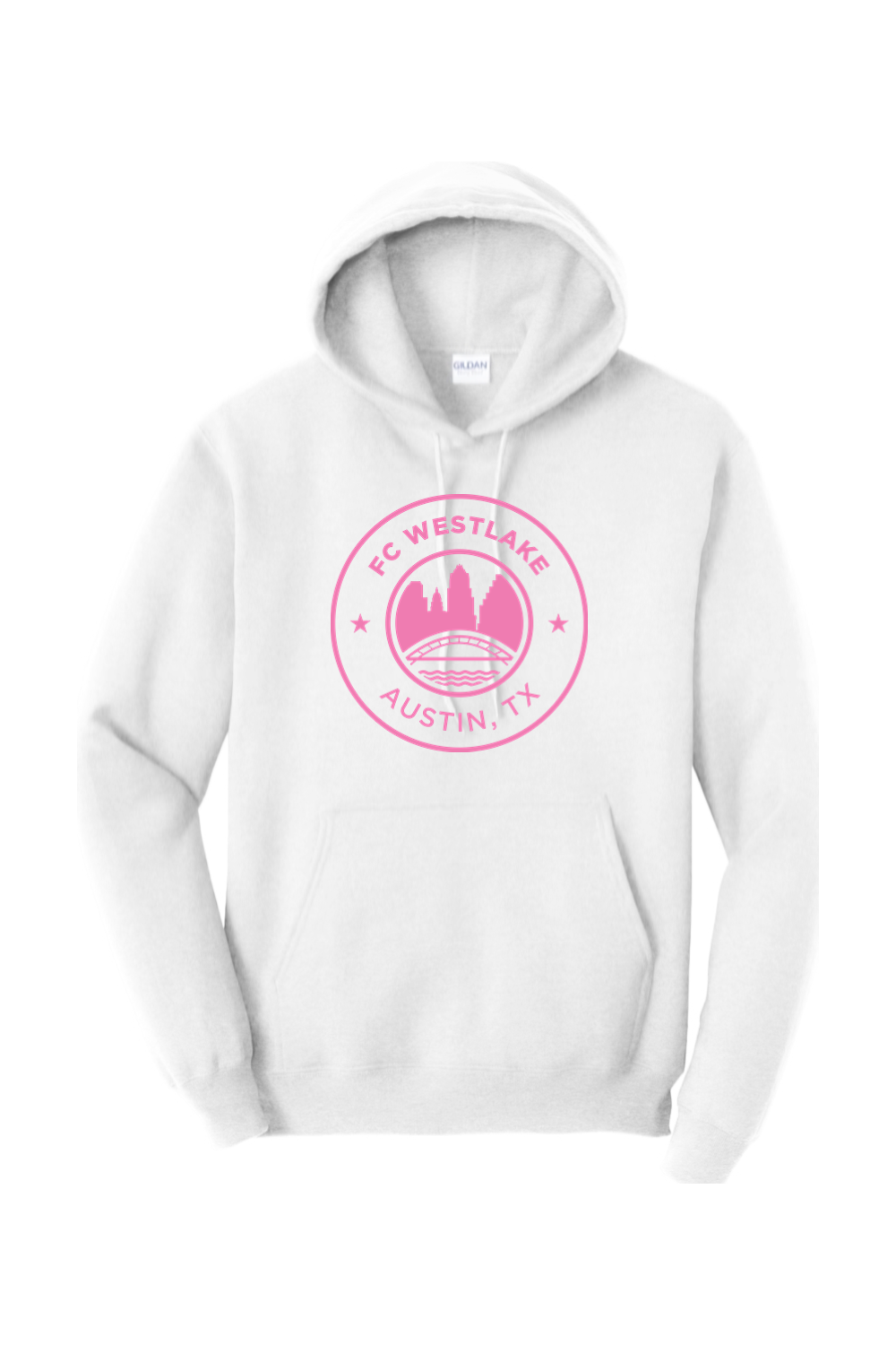 FC Westlake white hoodie with pink crest, front view
