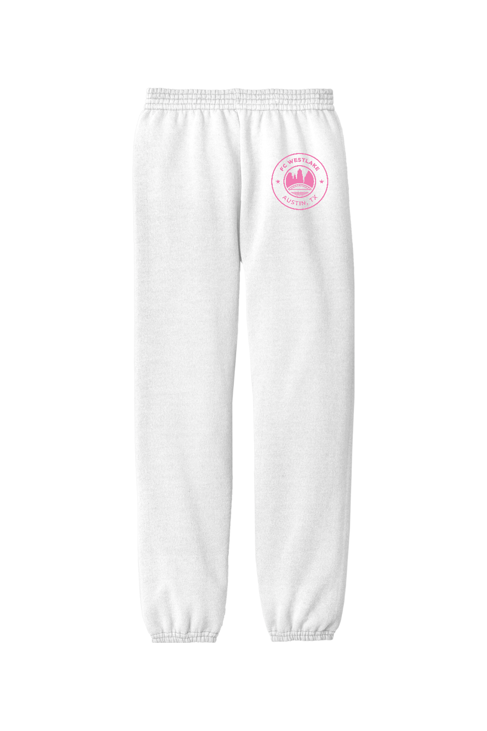 FC Westlake youth white crest sweatpants, front view