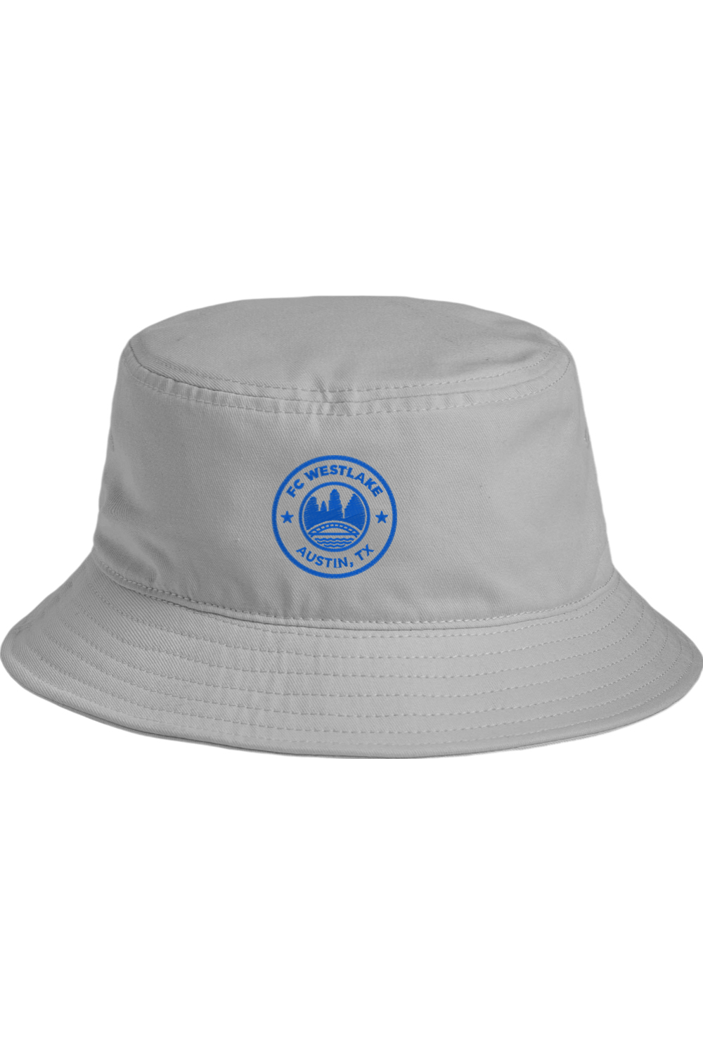 Gray bucket hat with a blue logo on a white background