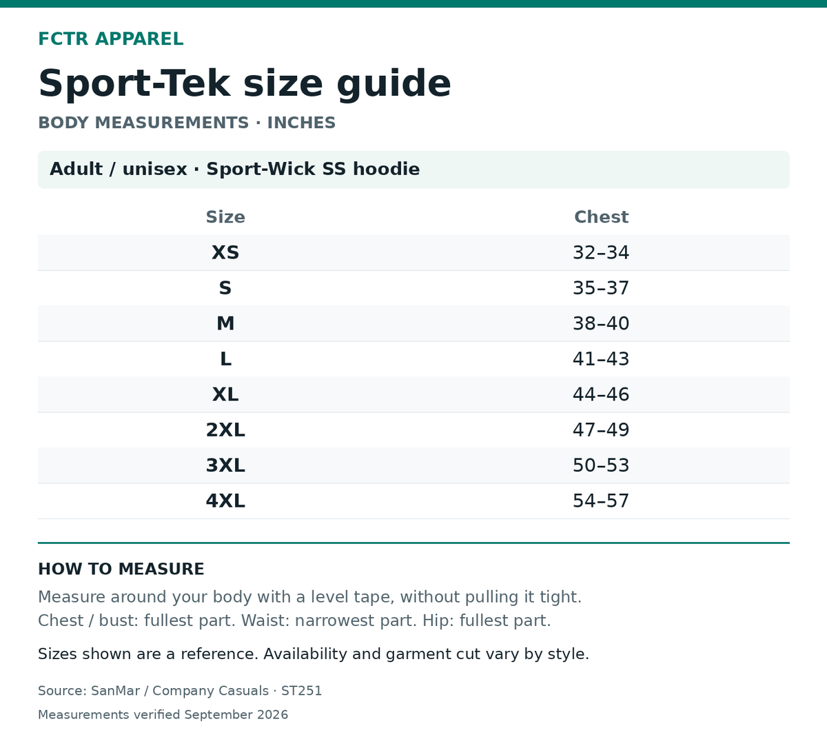 Sport-Tek size guide. Body measurements in inches. Adult / unisex · Sport-Wick SS hoodie XS to 4XL.