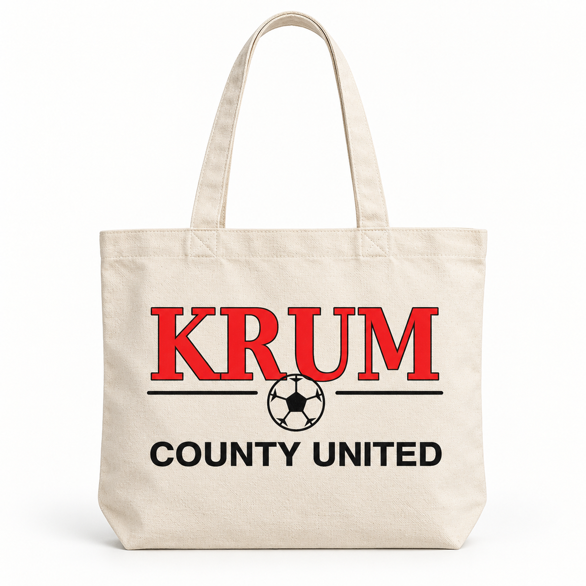 Natural tote bag with long handles, red KRUM lettering, and a black County United soccer graphic.