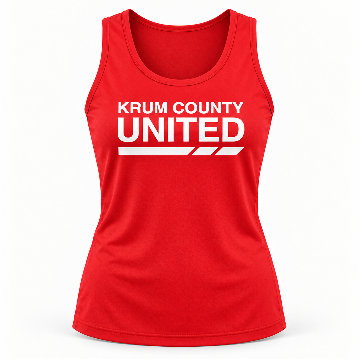 Red women's athletic-style tank with white Krum County United lettering and a segmented underline.