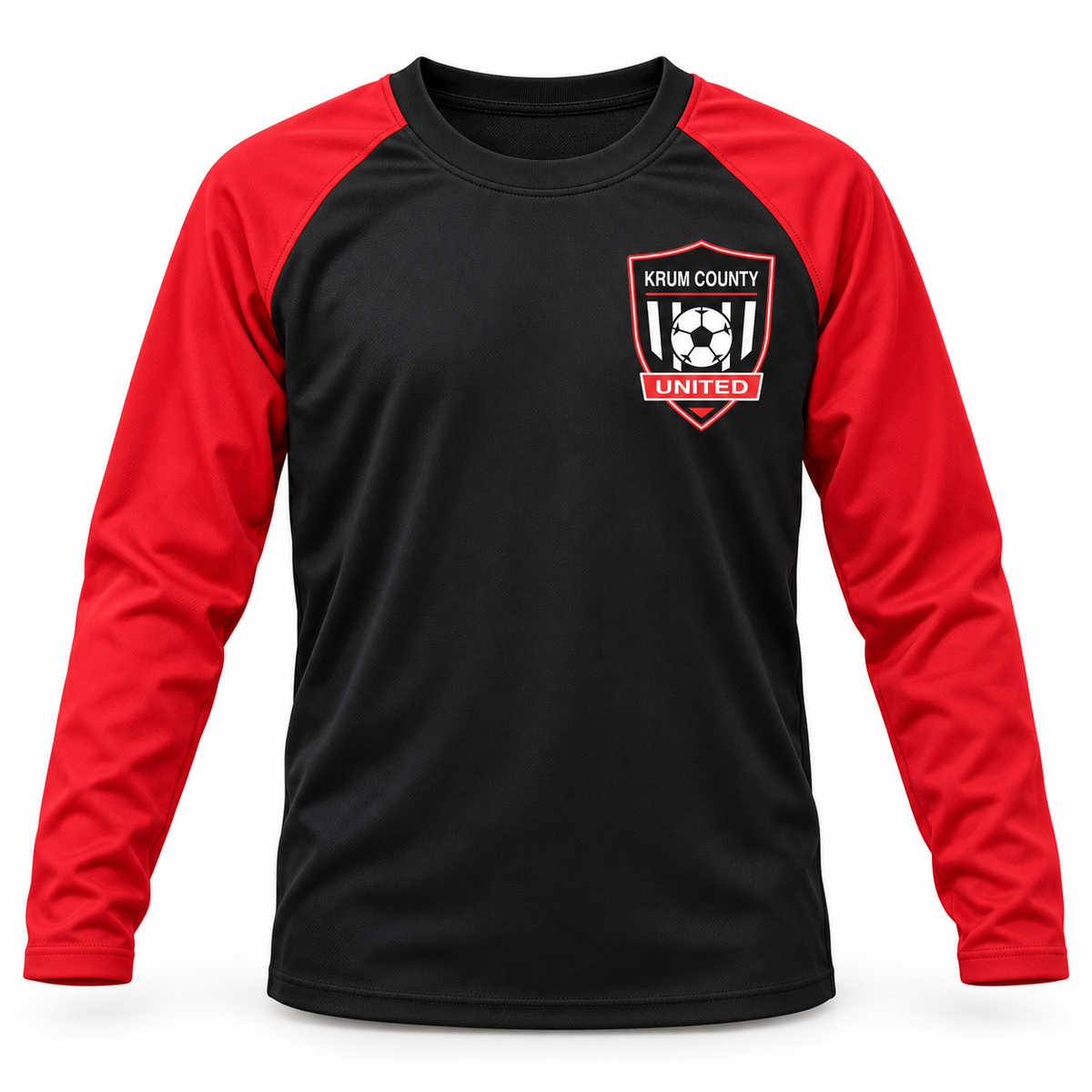 Black youth long-sleeve training top with red raglan sleeves and the Krum County United crest on the left chest.