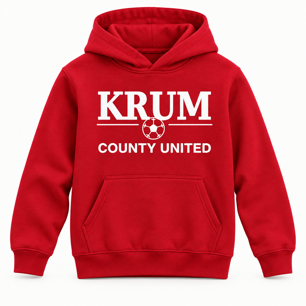 Red youth pullover hoodie without drawcords, featuring a white collegiate Krum County United soccer graphic.